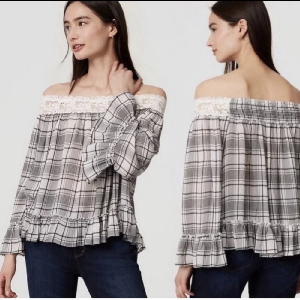 LOFT Off the Shoulder Plaid top